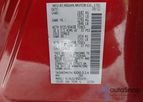 2013 Nissan Pathfinder Sl from USA, damaged, VIN 5N1AR2MN3DC600314